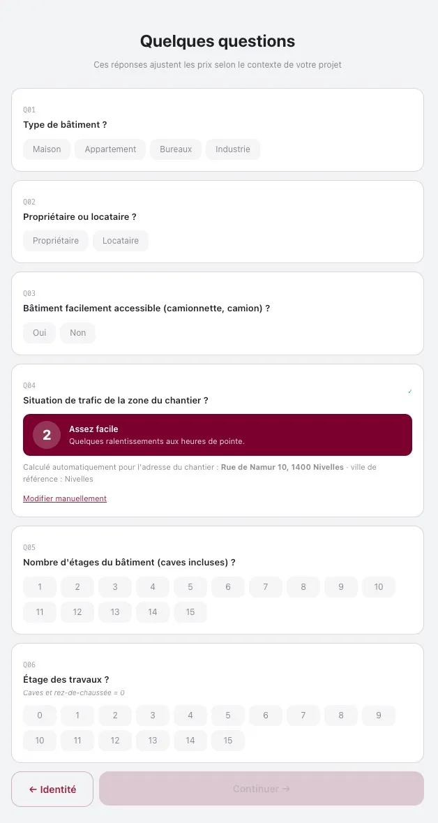 Écran « Quelques questions » d'EVT.be : type de bâtiment, accessibilité, situation de trafic, étages.